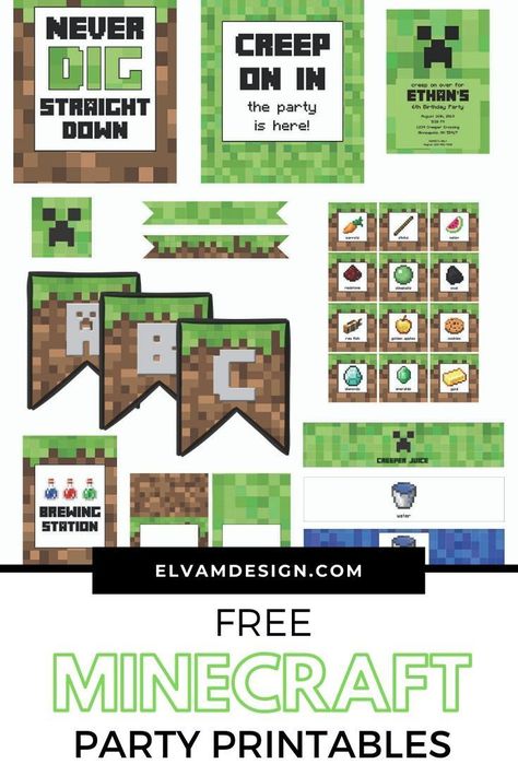 Throw an epic Minecraft birthday party with these free printables from Elva M Design Studio. Click here to download the set. #minecraft #minecraftbirthday #freeprintables Minecraft Birthday Printables, Minecraft Cricut, Minecraft Birthday Decorations, Minecraft Party Printables, Diy Minecraft Birthday Party, Minecraft Birthday Invitations, Minecraft Bday, Minecraft Party Decorations, 4de Verjaardag