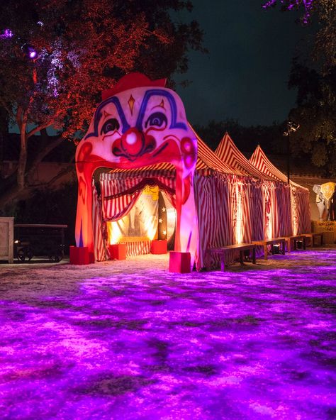 Carnival Freakshow Halloween Party | Kristin Banta Events | PartySlate Halloween Event Decor, Vortex Tunnel, Party Tent Decorations, Haunted Circus, Carnival Tent, Haunted Carnival, Oddities And Curiosities, Creepy Carnival, Halloween Circus