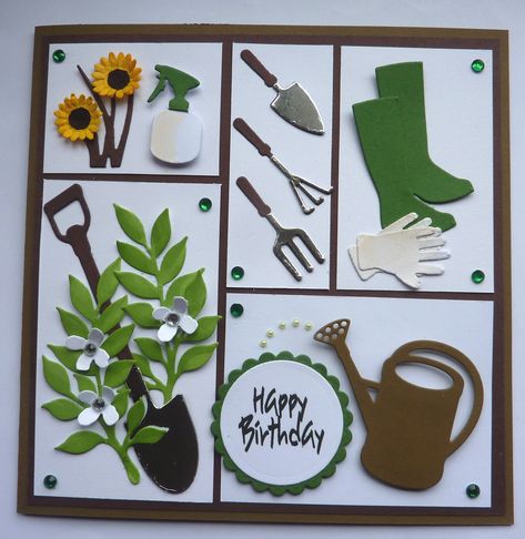 S354 Hand made Birthday card using Occaision Gardening Dies Handmade Garden Cards, Stampin Up Gardening Cards, Handmade Card For Men, Garden Themed Birthday Cards, Gardening Cards For Men, Gardening Scrapbook Ideas, Sizzix Birthday Cards, Gardening Cards Handmade, Garden Birthday Cards