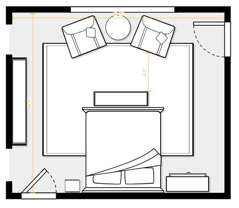 Layout for 16'10" x 14'4" room. Includes king-sized bed, 9' x 12' area rug, two 32" w x 36" d chairs, 14" deep bench @ foot of bed. Renter Upgrades, Primary Aesthetic, Small Room Layouts, Bedroom Furniture Layout, Garage Bedroom, Small Bathroom Renovations, Flat Decor, Big Bedrooms, Room Layouts