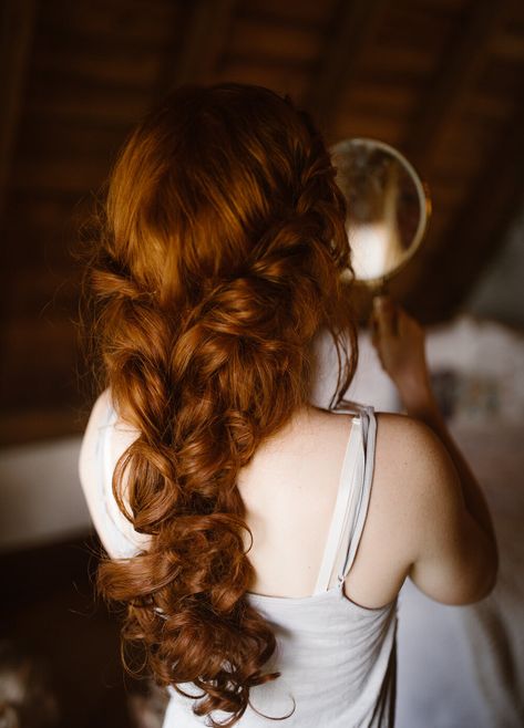 Celtic Wedding Braids, Curly Hair Loose Braid, Curly Wedding Braid, Wedding Long Braid, Wedding Braid Flowers, Braid Crown With Flowers, Long Red Hair Wedding, Lotr Wedding Hair, Wedding Braid With Flowers