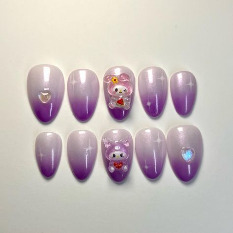 cute lil sanrio shorties!!💗✨ this set is ready to ship💌 PressedLux nails are durable, reusable and easy to apply. Find your perfect fit with custom sizing. Skip the salon time and have a new mani in minutes! Send me your nail inspo and let me bring your designs to life💅🏽 #sanrionails #cutenailart #torontonails #nails #custompressonnails #nailinspo #springnails #pressonnails #nailsofinstagram #nailart #canadanails #canadapressons #sanrio #stickonnails #ombrenails #purplenails #shortnails #cu... Cute Nail Art, Stick On Nails, Nails Inspo, The Salon, Purple Nails, Ombre Nails, Short Nails, Spring Nails, Press On Nails