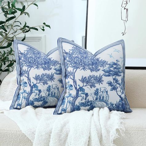 PRICES MAY VARY. Polyester 【Size & Package】-2 pack of blue floral toile pillow covers 18 x 18 inch (45x45cm) WITHOUT INSERTS. Crafted with delicate hand-painted details, these blue french vintage-inspired covers feature an exotic forest motif in ancient indigo.The Blue toile cushion covers are one sided printing, which is suitable for the same size or smaller size pillows (Please allow 1-2cm measurement deviation). 【Durable Material】-Made of premium cotton linen, has a distinctive three-dimensio Bedroom Navy Accents, Navy Blue Guest Bedroom, Navy Blue House Decor, Toile Room, French Blue Bedroom, Blue Willow Decor, French Blue Paint, Blue Mugs, Toile Pillows