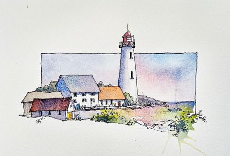 Watercolor Art Landscape, Ink And Watercolour, Lighthouse Painting, Watercolor Beginner, Watercolor Architecture, Diy Watercolor Painting, Watercolor Paintings Easy, Landscape Art Painting, 수채화 그림