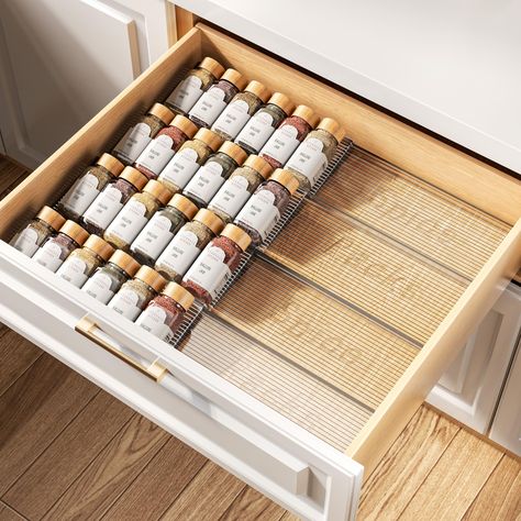 PRICES MAY VARY. 【𝐂𝐮𝐬𝐭𝐨𝐦𝐢𝐳𝐞 𝐘𝐨𝐮𝐫 𝐒𝐩𝐢𝐜𝐞 𝐒𝐭𝐨𝐫𝐚𝐠𝐞】Enhance your culinary space with our spice rack that adapts to your needs. This horizontally expandable spice organizer is designed to fit drawers from 10.63'' to 21.14'' in width. Opt for the compact 2 Tier- 2 Pack for shallower drawers or maximize your capacity with the 4 Tier- 4 Pack for deeper storage options. Create a seamless spice solution tailored to your kitchen. 【𝐋𝐚𝐫𝐠𝐞 𝐂𝐚𝐩𝐚𝐜𝐢𝐭𝐲】Unlock the full potentia Add More Storage To Kitchen, Organizing Spices In A Drawer, Bread Drawer In Kitchen, Small Kitchen Maximum Storage, Kitchen Drawers For Plates, Spice Storage Ideas For Kitchen, Kitchen Cabinet Organizing, Organized Cabinets Kitchen, Luxury Kitchen Items