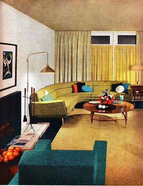 What I like here is the interest added by having two cutain colors at different hieights allowing natural light even when they are closed while maintaing  privacy. Okay, fine, I like everything else too! Living for Young Homemakers March 1956 by sandiv999, via Flickr Mid Century Modern Interior Design, Mid Century Interior, Retro Interior Design, Vintage Architecture, Interior Vintage, Vintage Interior Design, Mid Century Living, Mid Century Living Room, Mid Century Modern Living