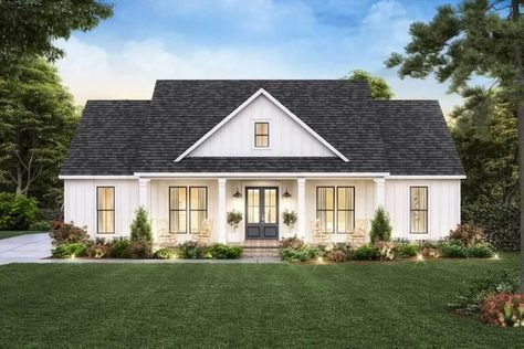 Modern 3-Bedroom 1-Story Farmhouse with Perfect Exterior Symmetry (Floor Plan) - HomeApricot Pelan Rumah, Ranch Style House Plans, Farmhouse Style House Plans, Farmhouse House, Farmhouse Plan, Ranch Style Homes, House Plans Farmhouse, Modern Farmhouse Plans, 2 Car Garage