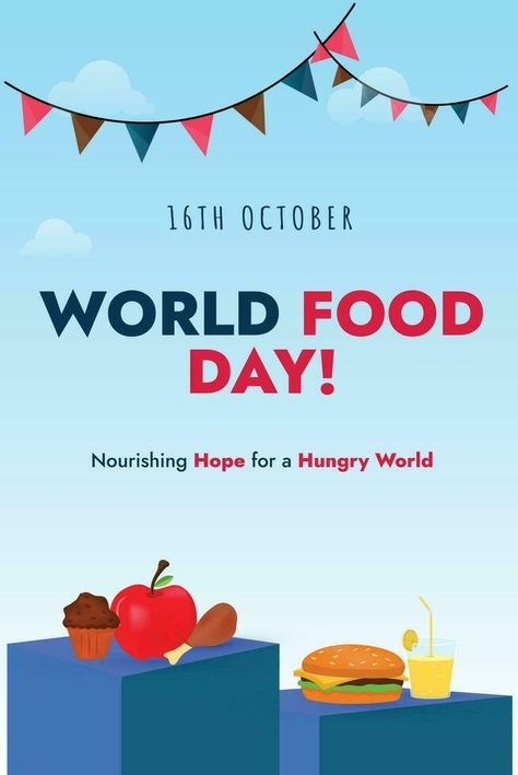 World food day. 16th October Food Day celebration. Food day wish vector social media post with apple, burger, muffin icons. Food day awareness concept. Apple Burger, October Food, Celebration Food, World Food Day, Food Day, Vector Nature, Food Ad, World Food, 16 October