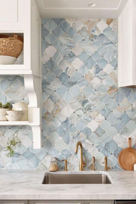 Kitchen Blue Tiles Backsplash, Beach Backsplash Ideas, White Blue And Gold Kitchen, Beach Kitchen Aesthetic, Beach House Inspo Coastal Style, Beach House Aesthetic Kitchen, Beachy Backsplash Kitchen, Blue Accent Tile Shower Wall, Beach Backsplash Kitchen