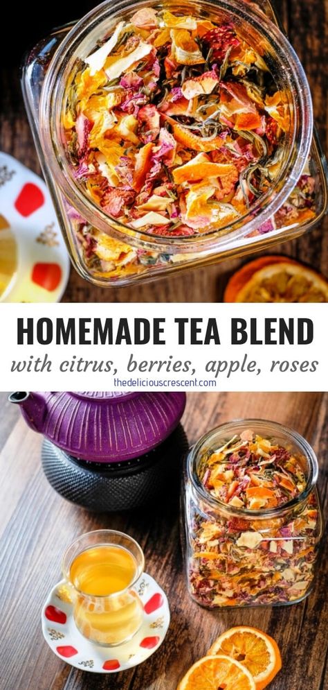 Homemade tea blend with citrus, berries, apples, roses and white tea is an invigorating infusion of sweet fruit flavors and the lively taste of antioxidant rich white tea. It is a quick and easy to make gluten free tea beverage. This healthy tea blend recipe is suitable for vegan, vegetarian and low carb diets. #homemade #tea Christmas Tea Blend, Herbal Tea Recipes Homemade, Fruit Tea Recipes, Tea Mixes, Tea Infusion Recipes, Tea Blends Recipes, Herbal Tea Garden, Cherry Tea, Fall Tea