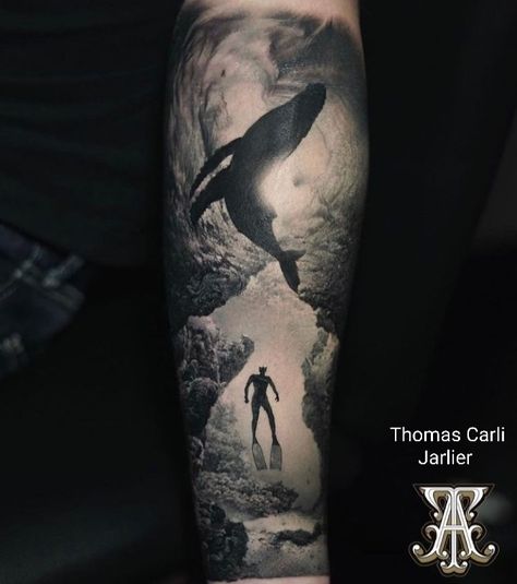 Underwater Diver Tattoo, Black And White Underwater Tattoo, Underwater Half Sleeve Tattoo, Diving Tattoos For Men, Black And Grey Underwater Tattoo, Spear Fishing Tattoo, Shipwreck Tattoo Sleeve, Black Ocean Tattoo, Under Ocean Tattoo