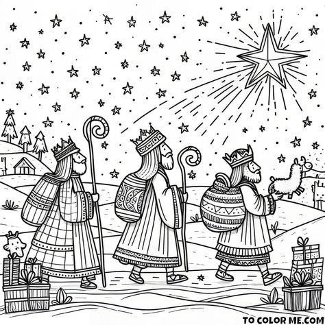 Following the Guiding Star: The Three Wise Men’s Journey Coloring Page - https://www.tocolorme.com/?p=7051&utm_source=SocialAutoPoster&utm_medium=Social&utm_campaign=Pinterest Kfc Christmas, Nativity Coloring Pages, Christmas Sunday School, 3 Wise Men, The Three Wise Men, Roi Mage, Bible Crafts For Kids, Catholic Kids, Three Wise Men