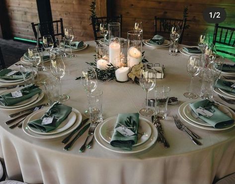 Olive Green Tablecloth Wedding, Round Table Wedding Decor Sage Green, White And Sage Table Settings, Sage And White Table Setting, Sage Wedding Reception Decor, Pastel Green Table Setting, Sage Green Wedding Round Tables, Olive Wedding Centerpieces, Olive Green Wedding Table Setting