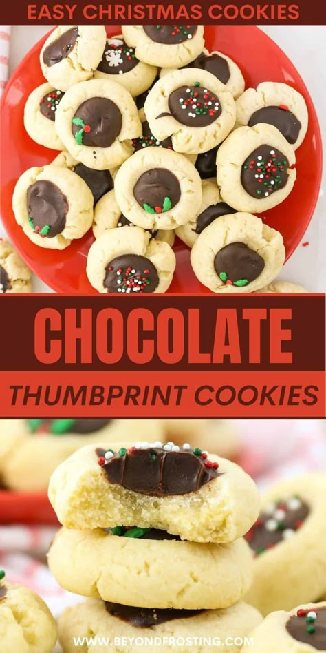 Thumbprint Cookies Recipe Chocolate, Traditional Thumbprint Cookies, Chocolate Ganache For Cookies, Sugar Thumbprint Cookies, Cookie Recipes Thumbprint, Sugar Cookie Thumbprint Cookies, Ganache Thumbprint Cookies, Homemade Thumbprint Cookies, Fudge Thumbprint Cookies