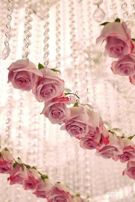 Strings of crystal Roses Hanging From Ceiling, Reception Timeline, Wedding Reception Timeline, Mehendi Decor, Wedding Roses, Vintage Wedding Flowers, Wedding Salon, Wedding Mandap, Emily Rose