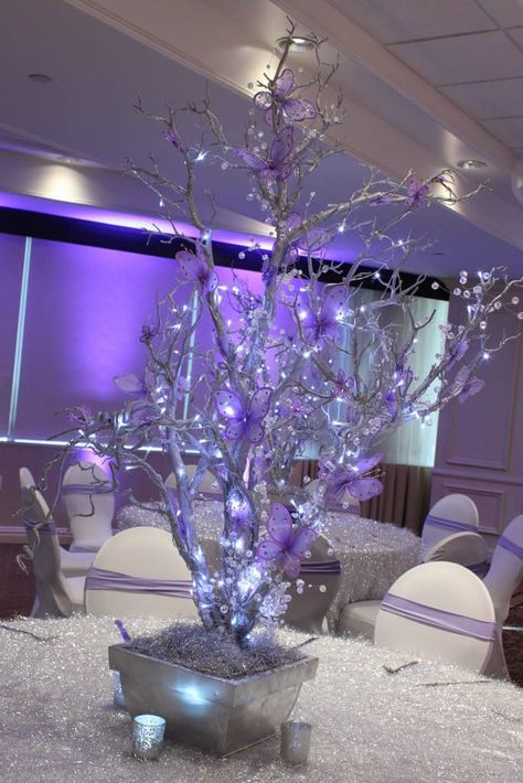 Silver & Lavender LED Tree LED Wrapped Silver Tree Centerpiece with Lavender Butterflies &… | Quince decorations, Quince decorations ideas, Quinceanera centerpieces Butterfly Quince Theme, Butterfly Quinceanera Theme, Quince Decorations Ideas, Purple Quinceanera Theme, Butterfly Sweet 16, Quince Centerpieces, Lavender Quinceanera, Purple Sweet 16, Purple Quince