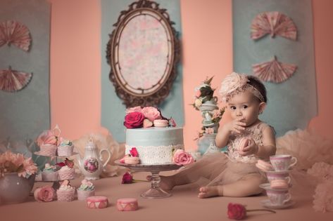 Tea Party First Birthday Pictures, Marie Antoinette First Birthday, Tea Party Smash Cake Photo Shoot, Tea Party Smash Cake, Tea Party Cake Smash, Tea Party Photoshoot, Tea Party Photography, Baby Tea Party, Cake Smash Photoshoot