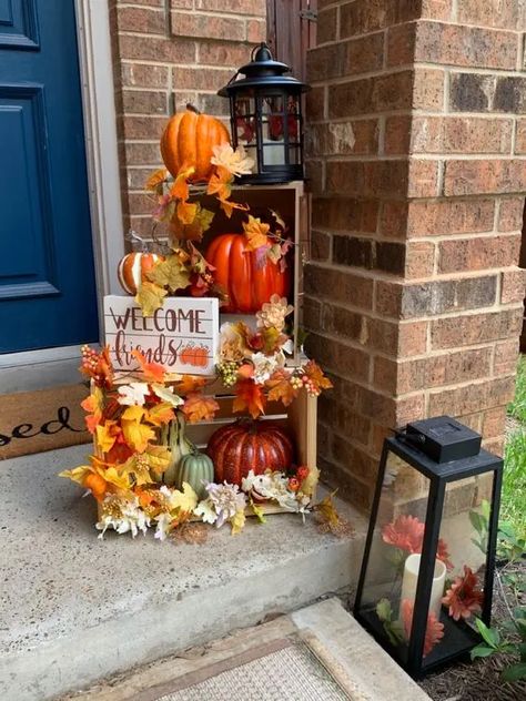 50+ Dollar Store Thanksgiving Decorations on a Budget - Holidappy Fall Harvest Porch Decor, Autumnal Porch Decor, Autumn Outside Decorations, Fall Themed Porch Decor, Autumn Welcome Sign Front Door, Fall Decorated Front Porch, Outside Porch Fall Decor, Autumn Decorating Front Porch, Harvest Front Porch Decorations