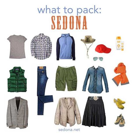 Sedona Weather | What to Pack for Your Sedona Vacation | - Sedona.net Arizona Weekend Packing List, What To Pack For Sedona Arizona, Sedona Arizona Outfits Winter, Sedona Outfit Winter, Outfits For Arizona Vacation, Sedona Honeymoon, Sedona Outfits, Arizona Packing List, Sedona Fashion