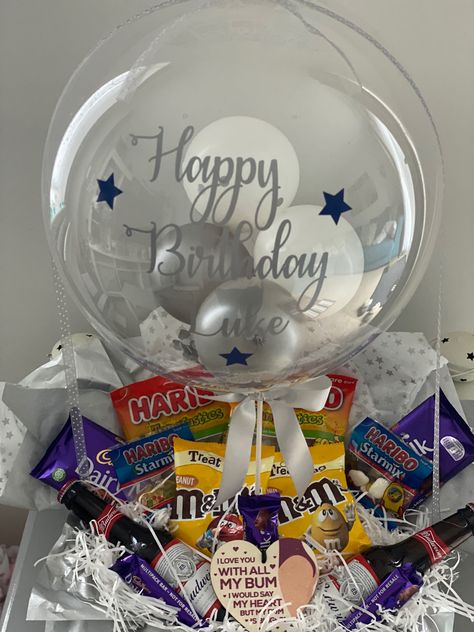 Balloon Hamper, Sweet Hampers, Balloon Gifts, Bubble Balloons, Balloon Gift, Sweet Pea, Homemade Gifts, Good Luck, Marketing And Advertising