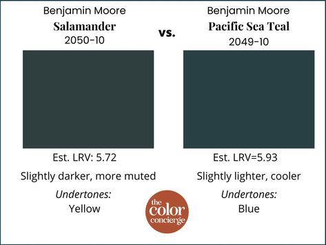 BM Salamander vs BM Pacific Sea Teal Bm Salamander, Salamander Paint, Teal Shutters, Accent Wall Paint Colors, Essex Green, Dark Green Paint, Benjamin Moore Exterior, Front Door Color, Magical Bedroom