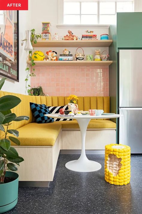 House Inspiration Colorful, Bright Kitchen Tiles, Funky Home Decor Bohemian, Colorful Minimalist Kitchen, Retro Kitchen Tiles, Color Pop Kitchen, Colorful Small Kitchen Ideas, Colorful Retro Kitchen, Funky Kitchen Cabinets