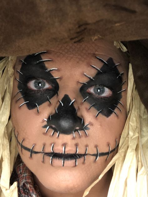 Scarecrow using NYX brand make-up. Scarecrow Face Paint Men, Man Scarecrow Makeup, Guy Scarecrow Makeup, Easy Scary Scarecrow Makeup, Men Scarecrow Makeup, Evil Scarecrow Makeup, Scarecrow Hairstyles, Womens Scarecrow Makeup, Spooky Scarecrow Makeup