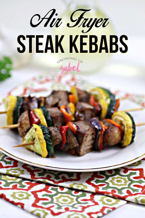 Air Fryer Steak and Vegetable Kebabs Beef Kebabs In The Air Fryer, Air Fryer Steak Kebab Recipes, Shish Kabobs In Air Fryer, Kebab In Airfryer, Air Fryer Beef Skewers, Steak And Veggies In Air Fryer, Shish Kebabs In The Air Fryer, Steak Skewers Air Fryer, Air Fryer Steak And Veggies