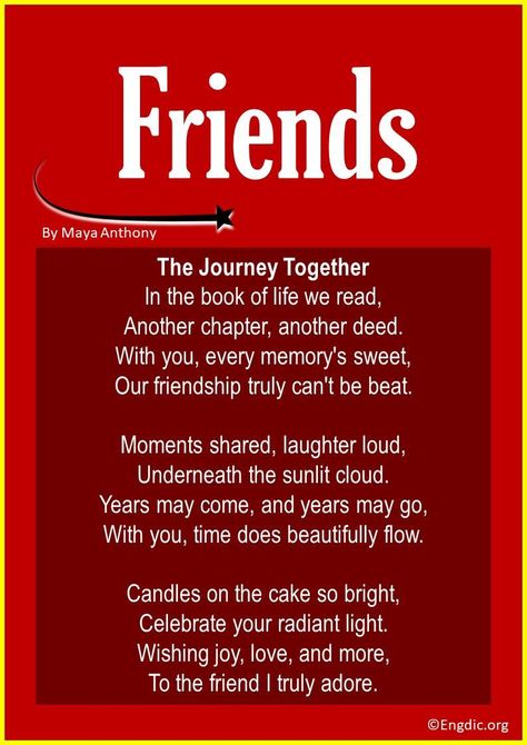 Celebrate the magic of friendship on that special day with a poetic touch! Dive into these 15 short and funny birthday poems tailored just for your best friend. Unleash laughter, evoke tears, and make memories that last a lifetime. Let’s get poetic! Short Birthday Poems for Friends 1. The Journey Together This poem is a tribute to the beautiful journey of friendship and how it gets better with time, especially on the day that marks another year in a friend’s life. In the book o... Friends Poem Short, Short Poem For Best Friend, Short Birthday Poems, Short Friendship Poems, Short Rhyming Poems, Birthday Poem For Friend, Poems For Friends, Funny Birthday Poems, Rhyming Poems