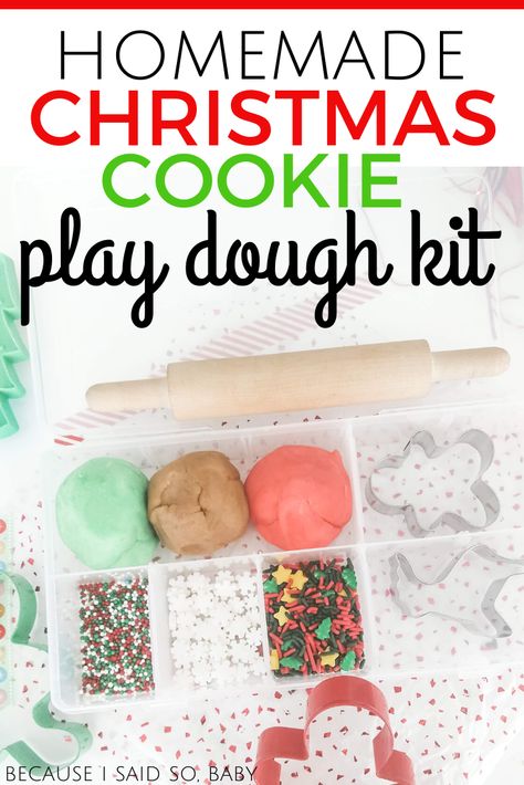 Homemade Christmas Play Dough Kit | This easy DIY play dough kit makes the perfect homemade gift this Christmas. Toddlers, preschoolers and big kids will LOVE playing with this Christmas Cookie themed play dough kit! Get my recipe for the BEST homemade play dough and the instructions for assembling this homemade play dough kit! #homemade #holidays #christmas #playdough #playdoh #kit #diy #easy #howto #hanukkah #season #giftideas #toddler #preschooler  via @becausebaby Themed Playdough Kits, Christmas Cookie Sensory Bin, Playdoh Sensory Kits Diy, Playdough Kits Diy, Christmas Playdough Kit, Diy Playdough Kit, Christmas Play Dough, Diy Play Dough, Christmas Playdough