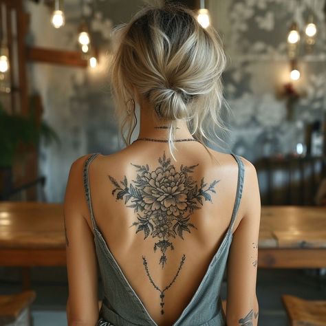 Floral Spine Tattoos For Women, Rework Tattoo, Tattoo Upper Back, Back Tattoo Women Spine, Tattoo Fe, Fingerprint Tattoos, Tree Tattoo Back, Botanical Tattoos, Floral Back Tattoos