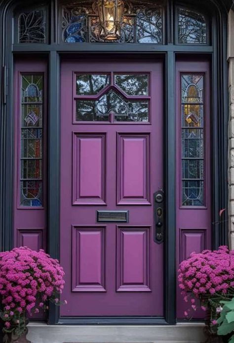 Blue House With Purple Door, Blue And Purple House Exterior, Goth Front Door, Plum Front Door Colors, Black House Purple Door, Purple Doors Front House, Plum Front Door, Purple Front Door, Navy Blue Houses