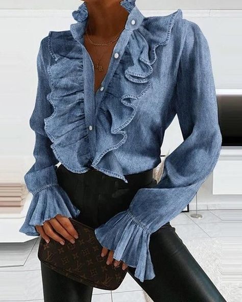 97d0145823aeb8ed80617be62e08bdccdesc52574616ri Ruffles Design, Stand Collar Blouse, Ruffle Long Sleeve Blouse, Sleeve Ruffles, Design Blouse, Ruffle Long Sleeve, Vintage Blouse, Denim Blouse, Blouse Material