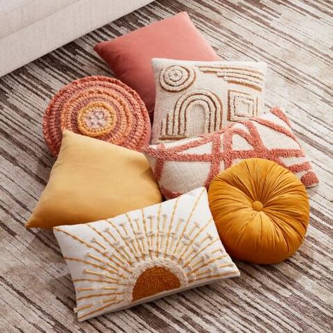 Tufted Embellished Sunrise Lumbar Pillow | World Market Boho Room Pillows, Cheap Boho Bedding, Bedroom Accessories Decor Luxury, Modern Boho Throw Pillows, Sunrise Decorating Ideas, Yellow And Coral Bedroom, Boho Hotel Room Interior Design, Throw Pillow Ideas For Bed, Pink And Mustard Boho Bedroom