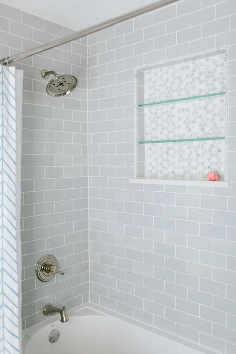 Gray Shower Tile Ideas for Your Bathroom | Hunker Gray Shower Tile, Subway Tile Showers, Grey Subway Tiles, Bath Tiles, Transitional Bathroom, Hall Bathroom, Shower Niche, Bathroom Tub, Upstairs Bathrooms