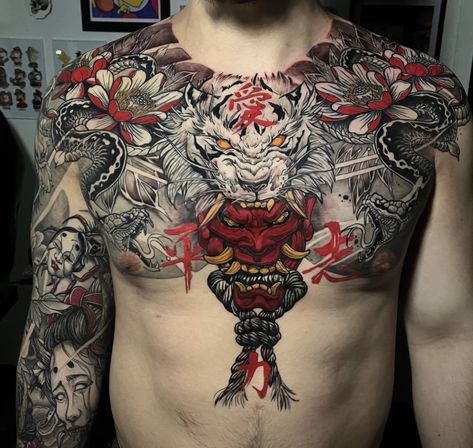 Oni Tattoo Chest, Chest Tattoo Men Ideas Japanese, Yakuza Chest Tattoo, Oni Back Tattoo, Japanese Chest Tattoo Design, Chest And Arm Tattoo, Chest Tattoo Japanese, Tato Irezumi, Tattoo Japonais