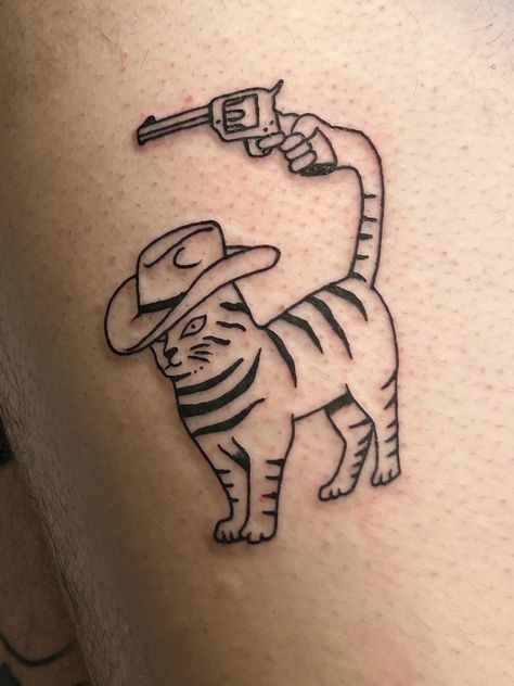 Blue Collar Tattoos For Men, Silly Cowboy Tattoo, Western Guitar Tattoo, Western Animal Tattoo, Dog With Cowboy Hat Tattoo, Western Cat Tattoo, Cat In Cowboy Hat Tattoo, Cowboy Inspired Tattoo, Cowboy Graffiti Tattoo