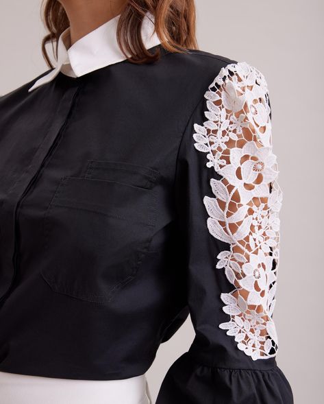 Anne Fontaine laora Black Poplin Shirt With Floral Embroidery Detailing on Balloon Sleeves In Black/white, Size: 36 Black Embroidery Shirt, Black And White Tops For Women, Shirt Sleeves For Women, Shirt Sleeves Design, Fancy Shirts For Women, Designer Shirts Women, Shirt Design For Women, White Shirt Design, Different Types Of Sleeves