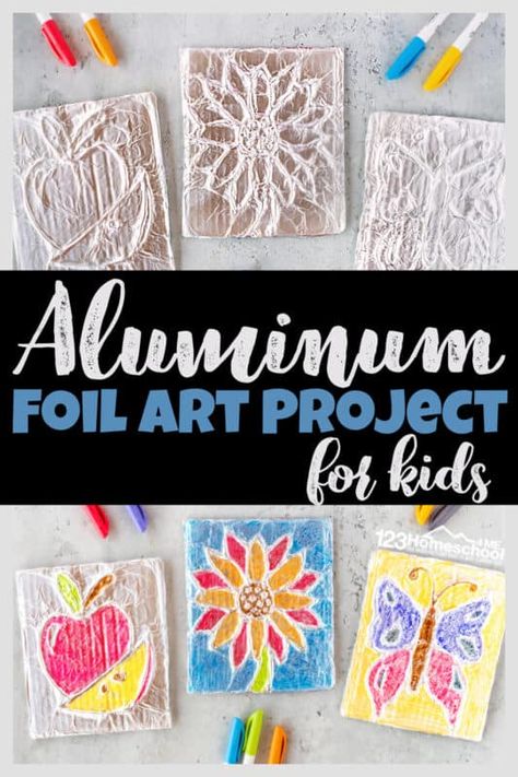 Get ready to say WOW! You and your kids are going to love making this clever and beautiful tin foil art! This Amazing aluminum foil art uses a simple technique to make a truly stunning work of art from simple flowers to butterflies, crosses to houses, animals to any picture or design you can dream up. Try making foil art for kids from toddler, preschool, pre-k, kindergarten, and elementary age kids in first grade, 2nd grade, 3rd grade, and 4th graders too. All you need are a few simple ... 4th Grade Crafts, Tin Foil Crafts, Aluminum Foil Crafts, Tin Foil Art, First Grade Art, Aluminum Foil Art, Art Project For Kids, 2nd Grade Art, Summer Math