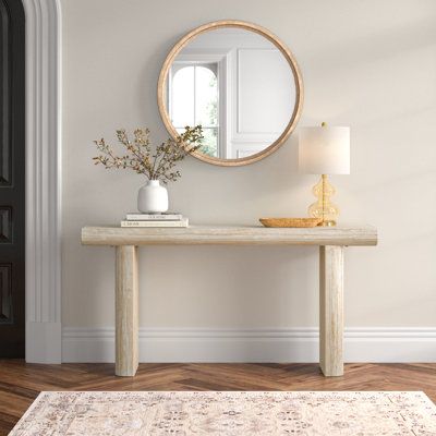 Place the console table against a wall in your desired location, such as a hallway or living room, and utilize the tabletop to organize and showcase your belongings. This item ships in 1 carton. Suitable for indoor use only. This item ships fully assembled in one piece. This is a single beige-colored kitchen table. Bohemian style. | Joss & Main Bergamot 63" Console Table Wood in Brown | 31.7 H x 63 W x 15.7 D in | Wayfair Accent Console Table, Modern Coastal Console Table, Living Room Couch Table, Front Entrance Console Table, Organic Home Decor Natural, Light Wood Console Table, Middle Table Decor, Console Table In Bedroom, Hall Table Styling