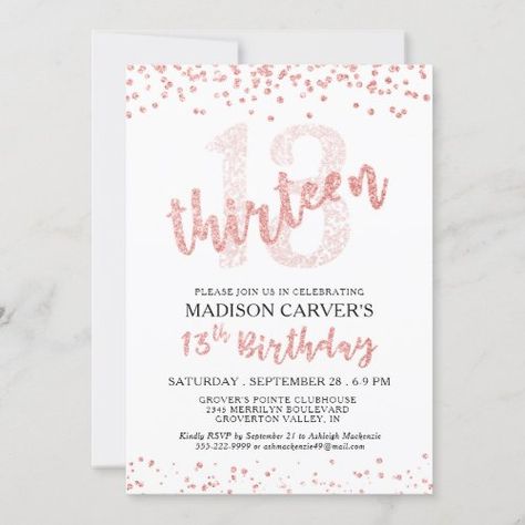 Girly 13th Birthday Rose Gold Glitter Confetti for $2.85 - Birthday Invitations 13th Birthday Party Ideas For Girls, Roller Skate Birthday Party, 13th Birthday Party, Birthday Rose Gold, 13th Birthday Invitations, Confetti Invitation, Blush Invitations, Online Party Invitations, Rose Gold Ombre