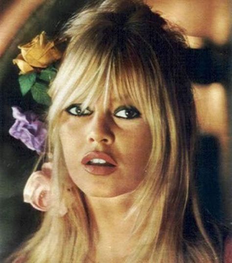 Brigitte Bardot Bardot Bangs, Bardot Hair, Bridgette Bardot, Fashion Boards, Bridget Bardot, Flowers In Her Hair, Side Bangs, Amazing Hair, French Actress