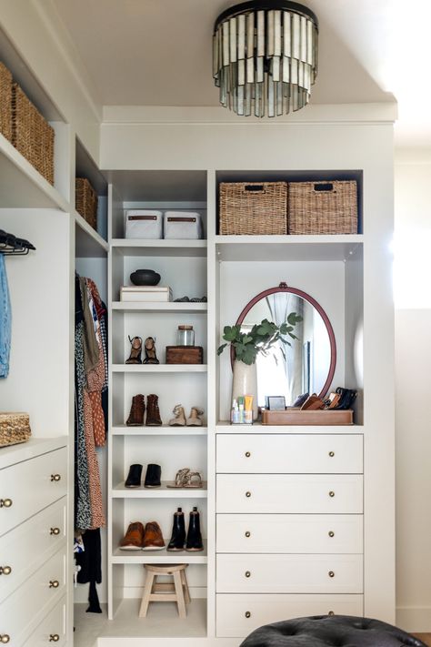 Our Closet is DONE! | Abbott Abode Ideal Wardrobe Layout, Wardrobe Big Dream Closets, Small Clothes Storage Ideas, Built In Reach In Closet, Wall Closets Ideas Bedroom, Spare Closet Ideas, Functional Closet Ideas, Closet With Windows Ideas, Studio Mcgee Closet