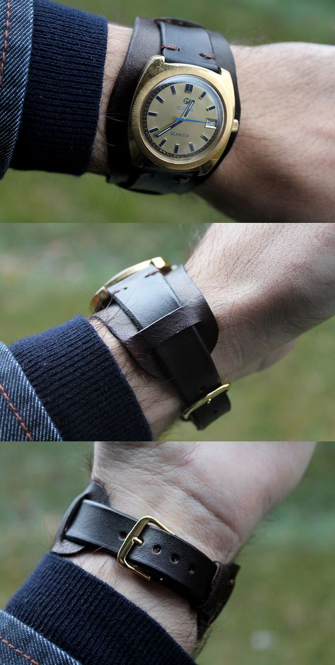 Hand made leather bund watch strap from Bear All Leather Works. Cool Watches For Women, Leather Watch Cuff, Handmade Watch Strap, Handmade Watch, Mens Watches Leather, Cuff Watch, Watch Fashion, Watches For Women, Leather Watch Strap