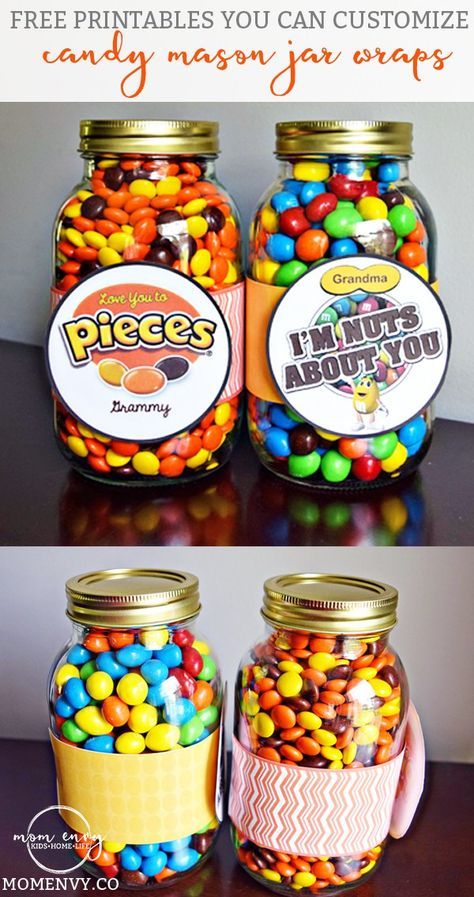 Candy Mason Jar Gifts Free Printables you can customize from momenvy.co. Reeses Pieces and Peanut M & M themed mason jar wraps. Gift ideas for Mother's Day, Father's Day, Birthdays, Christmas, Neighbhors, teachers, and more. Free printables. Free gifts. Gift ideas. Mason Jar Candy, Christmas Candy Jars, Mason Jar Christmas Gifts, Christmas Gifts For Coworkers, Diy Father's Day Gifts, Christmas Mason Jars, Mason Jar Crafts Diy, Christmas On A Budget, Mason Jar Gifts