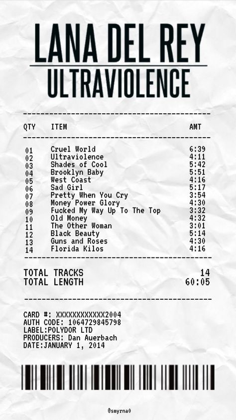 Receipt Lana Del Rey, Ultraviolence Aesthetic Wallpaper, Ultraviolence Wallpaper, Ultraviolence Poster, Pretty When I Cry, Album Receipt, Money Power Glory, Lana Del Rey Ultraviolence, Phone Case Decoration