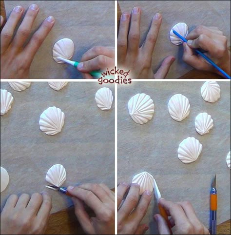 Wicked Goodies | Modeling Chocolate Sand Dollars and Scallops | https://www.wickedgoodies.net Chocolate Seashells, Kue Fondant, Cercei Din Lut Polimeric, Beach Themed Cakes, Mermaid Birthday Cakes, Beach Cakes, Fondant Cake Toppers, Modeling Chocolate, Fondant Tutorial