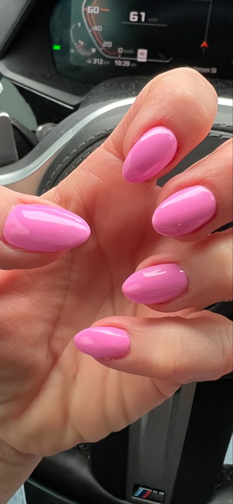 Cute Basic Pink Nails, Pink April Nails, Nails Plan Color, Plane Color Nails, Bright Light Pink Nails, Pink Almond Dip Nails, Bubble Gum Pink Almond Nails, Almond Nails Plain Colors, Cute Vacay Nails