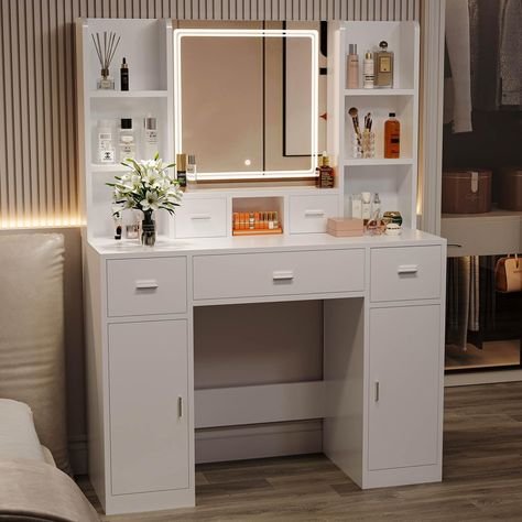 PRICES MAY VARY. 【Stylish and Practical】With a sleek design, elegant white finish, and bright LED lights, this makeup vanity becomes a captivating focal point in your bedroom or dressing area. Its sophisticated appearance and functional features make it an ideal gift for girls. 【Vanity Desk with Mirror & Lights】Featuring an oversized LED lighted mirror, this vanity table allows you to customize your lighting with 3 color modes and adjustable brightness for flawless makeup. LED lights' uniform an Small Vanity Table, White Vanity Desk, Mirror Dressing Table, White Makeup Vanity, Dressing Table With Drawers, Mirror Dressing, Bedroom Makeup Vanity, Mirrored Vanity Desk, Bedroom Dressing Table