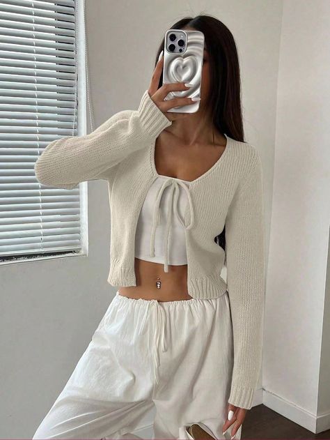 Women's Solid Color Front Tie Long Sleeve Casual Cardigan Beige Casual  Long Sleeve Knitwear Plain  Medium Stretch  Women Clothing, size features are:Bust: ,Length: ,Sleeve Length: Tied Cardigan, Oversized White Cardigan, Cardigan Casual, Tie Front Cardigan, Áo Len Cardigan, Cropped Vest, Casual Cardigans, Lace Fashion, Inspiration Mode